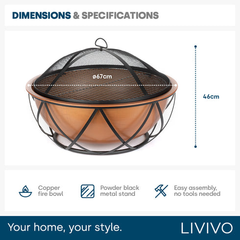 Volida Bowl Fire Pit with BBQ Grill - Copper